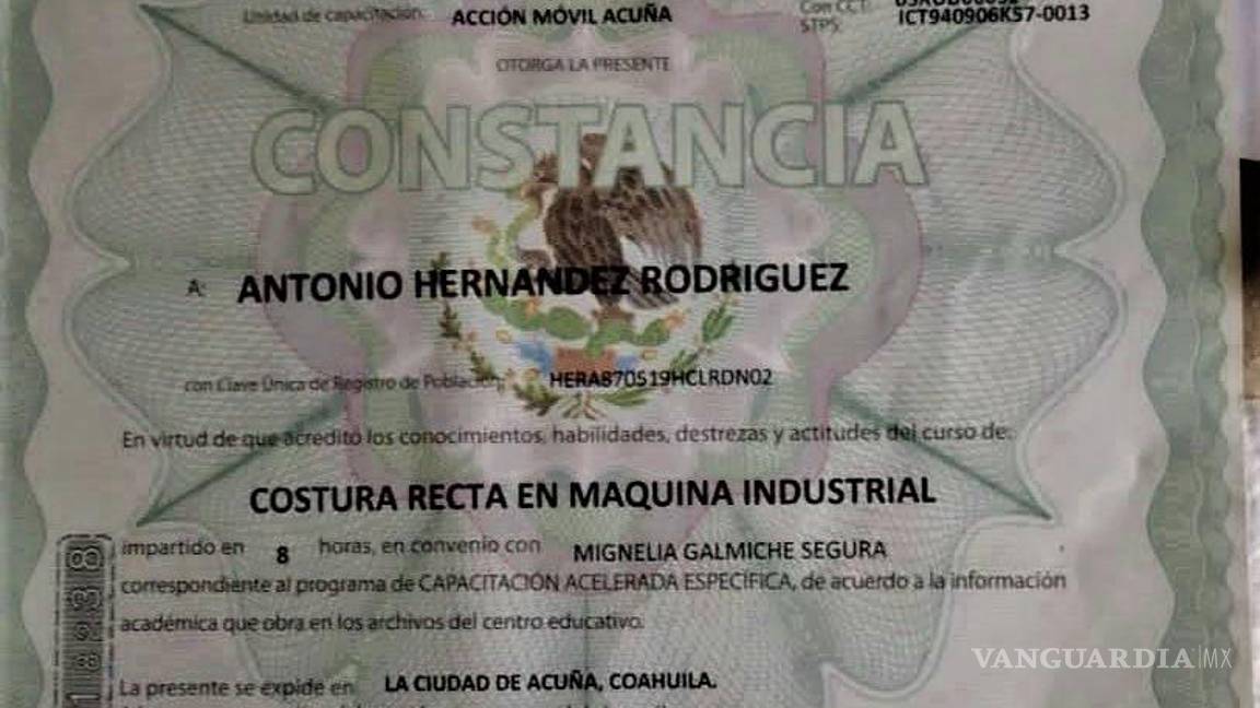 $!Certificado de capacitación del ICATEC Acuna a nombre de Antonio Hernández Rodríguez, contratado por Home Fashions International. Foto: Antonio Hernández Rodríguez