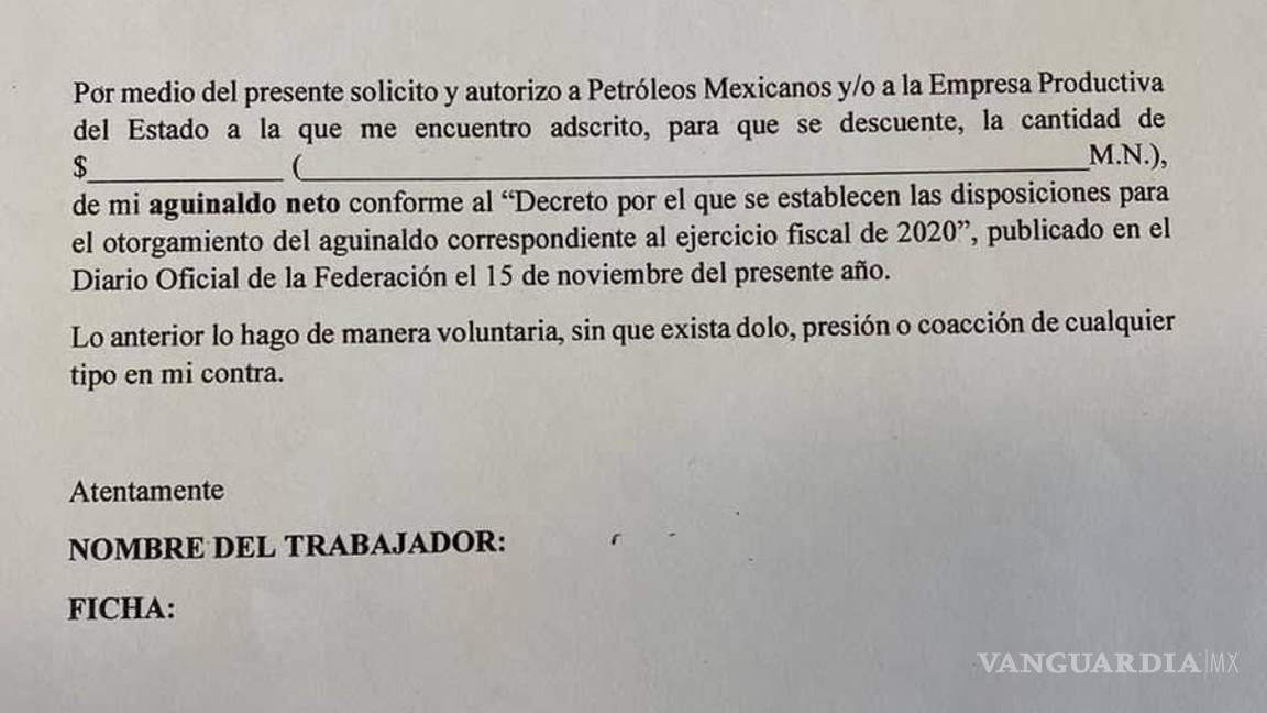 $!Piden a empleados de Pemex regresar su aguinaldo 'voluntariamente' a fuerza
