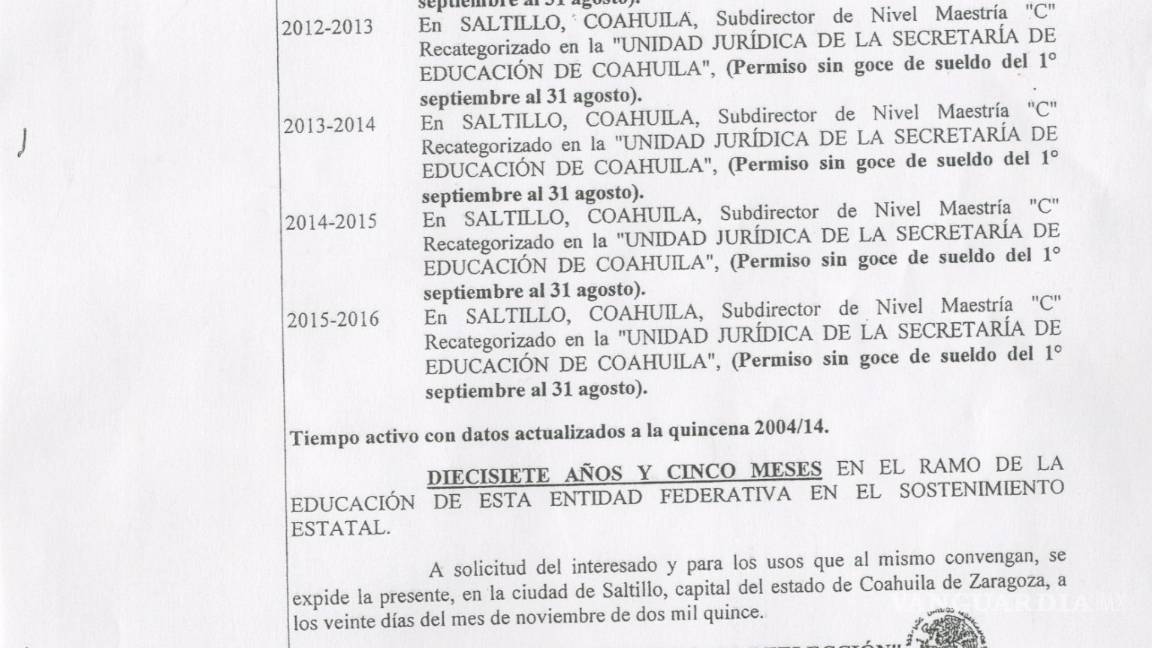 $!Humberto Moreira sólo trabajó 17 años y cinco meses, así lo dice su constancia de servicios