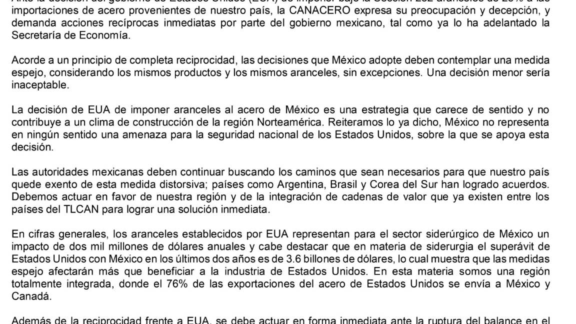 $!Exige Canacero ‘ojo por ojo’ contra EU ante aranceles en aluminio y acero