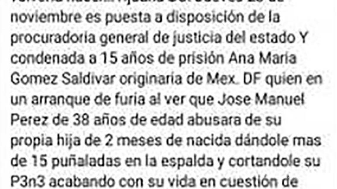 $!Falsa, la nota sobre mujer que asesinó a esposo por abusar de su bebé