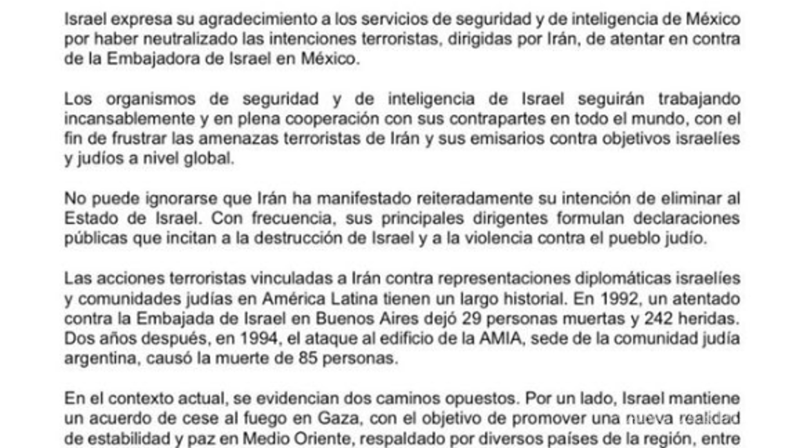 $!Israel agradeció México haber evitado supuesto atentado terrorista iraní contra embajadora