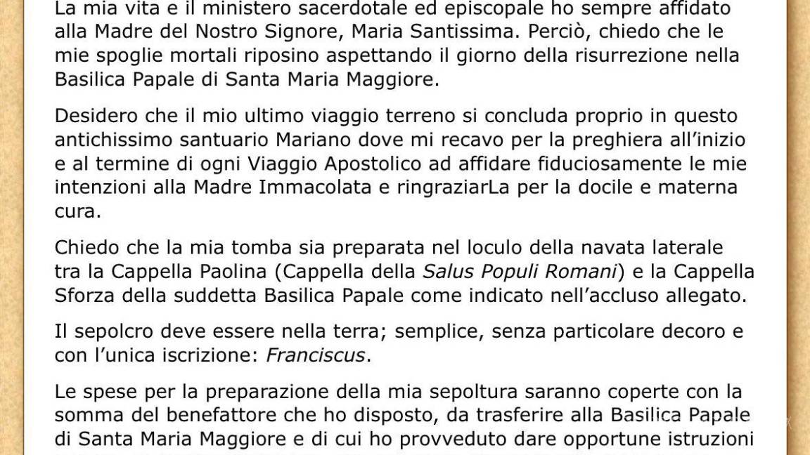 $!Un entierro ‘sencillo, sin decoración particular’: Esto dice el testamento del Papa Francisco