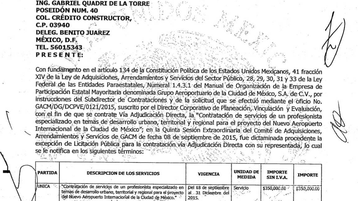$!SCT otorgó contratos por miles de pesos a Gabriel Quadri por asesorías y acompañamiento inmobiliario en la construcción del Aeropuerto de Texcoco