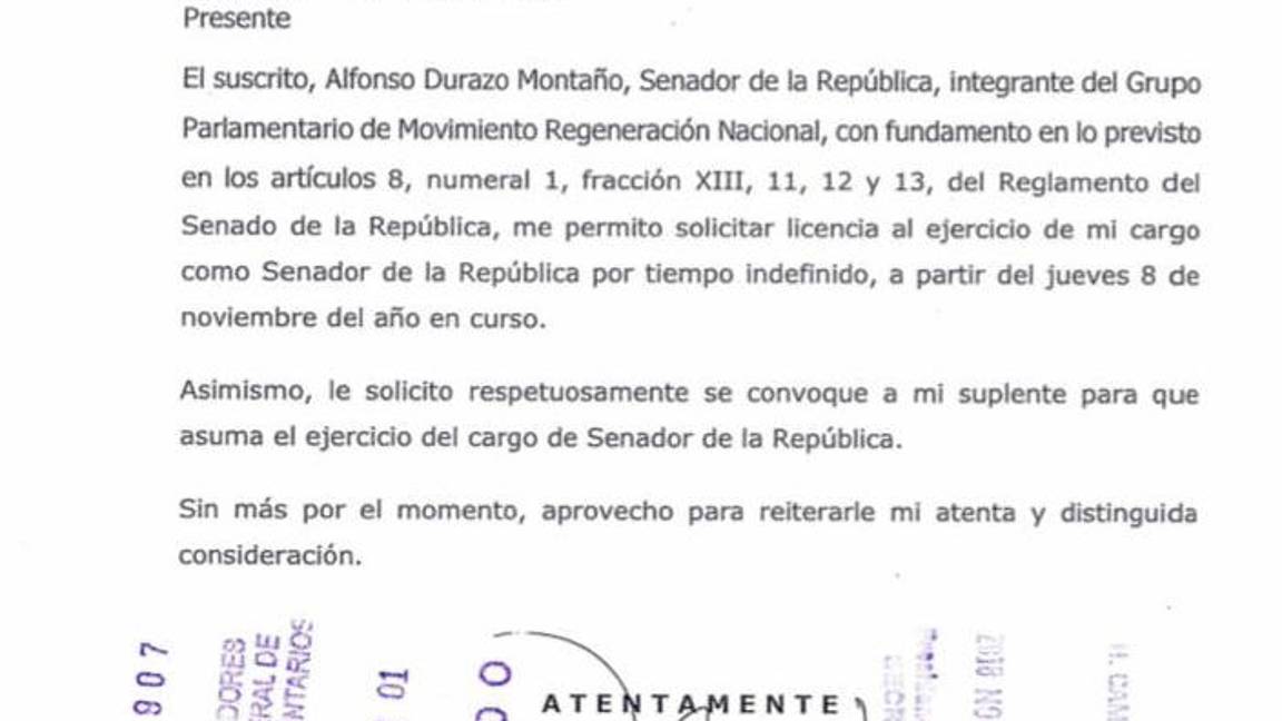 $!Alfonso Durazo pide licencia al Senado por tiempo indefinido