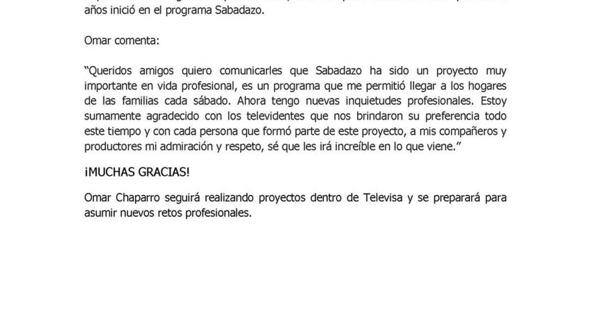 $!¡Se va Omar Chaparro de Sabadazo!