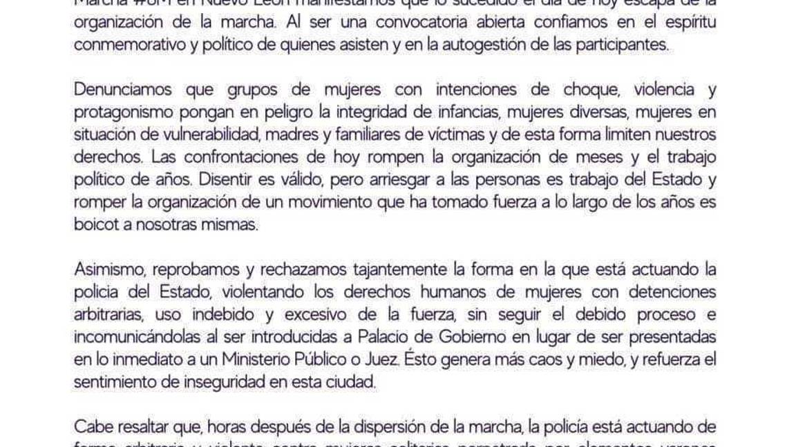 $!Comunicado oficial de colectivas feministas y mujeres autónomas de Nuevo León con respecto a los disturbios que obstaculizaron la marcha de 8m