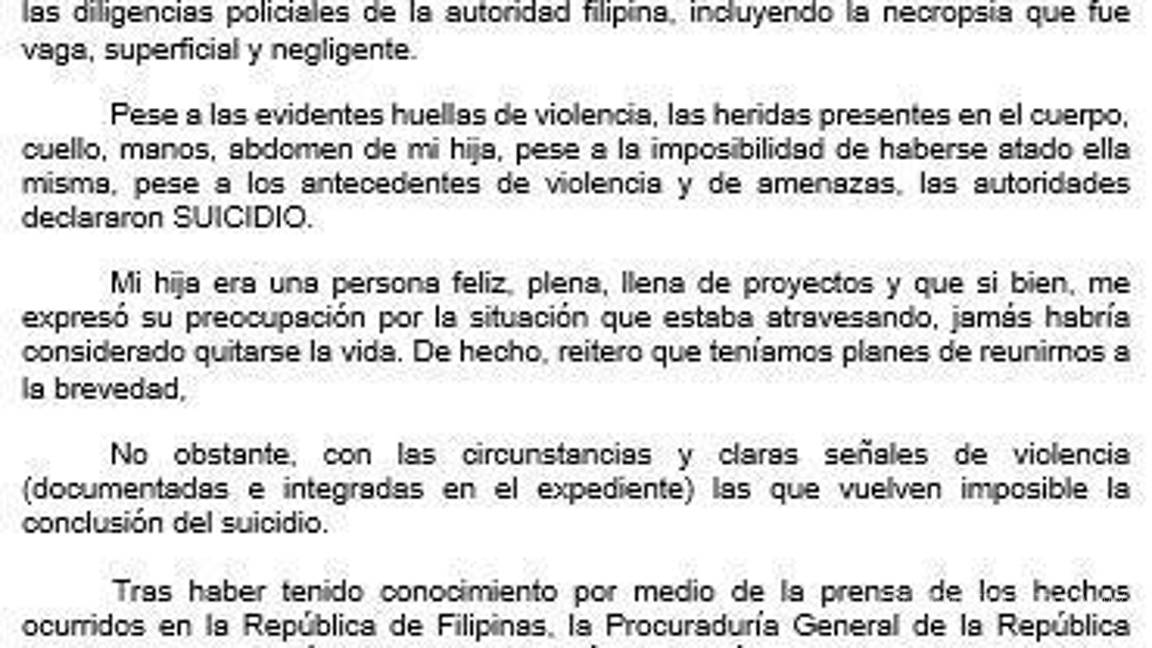 $!Las autoridades filipinas concluyeron que se trató de un suicidio, versión que la familia rechaza y considera una maniobra para proteger intereses económicos y turísticos.