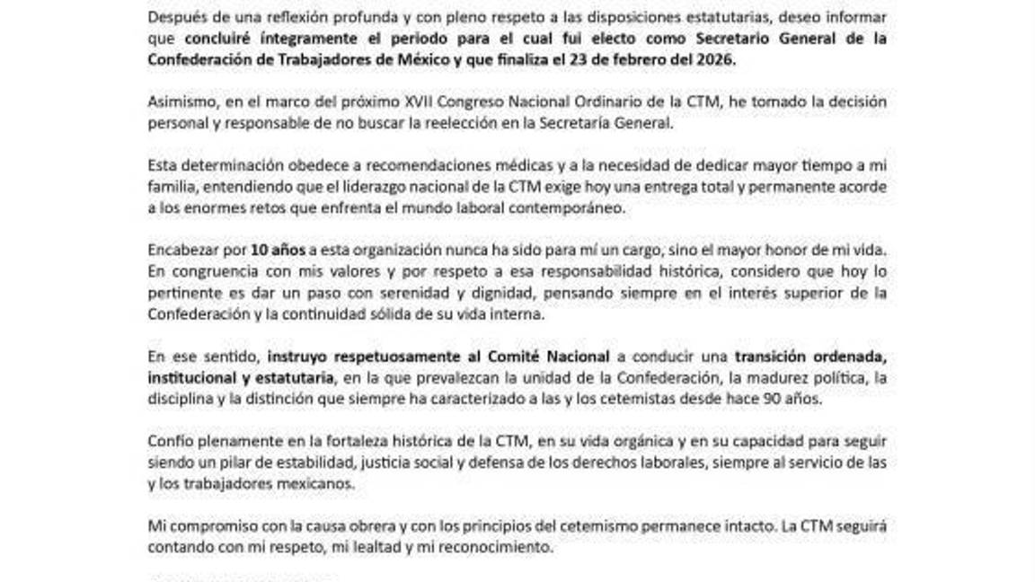 $!Con un comunicado dio a conocer el octogenario líder que se va.
