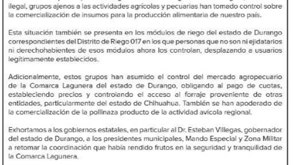 $!Sector agropecuario denuncia que ‘grupos’ han tomado control del agua y comercialización de productos en La Laguna de Durango