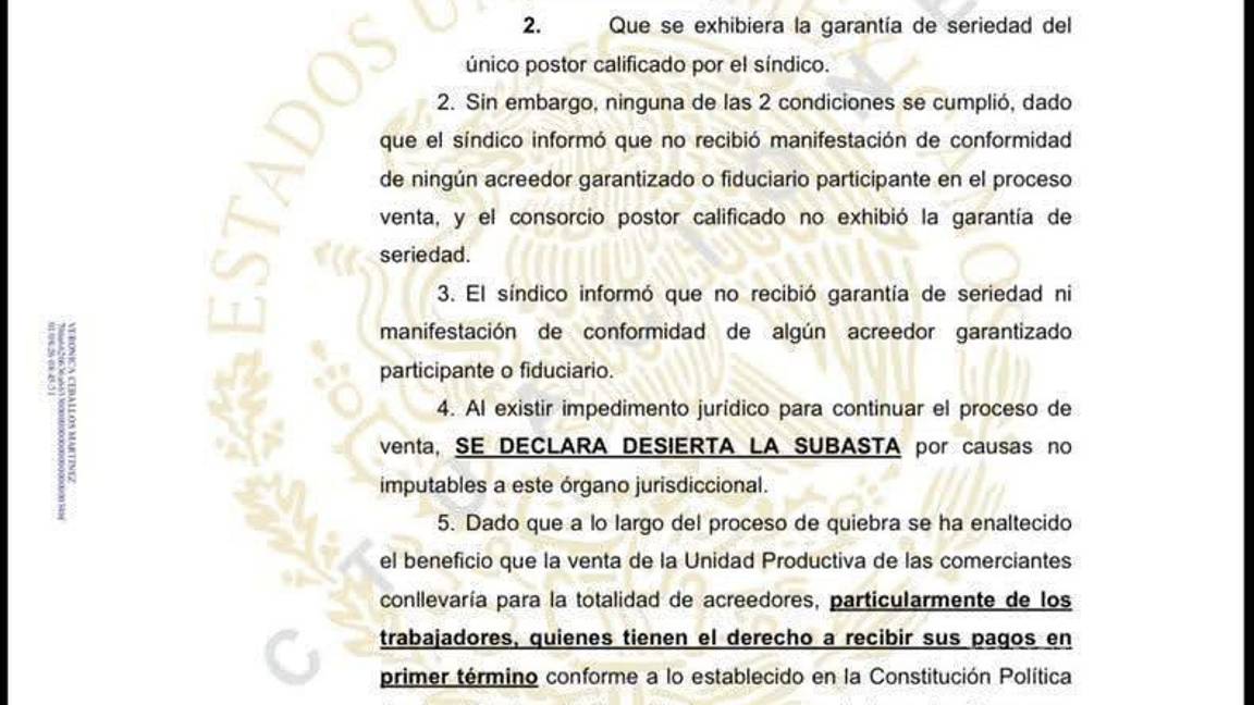 $!La jueza encargada del proceso concursal ordenó la suspensión de la subasta de AHMSA, medida que marca un nuevo giro en la situación legal de la empresa acerera.