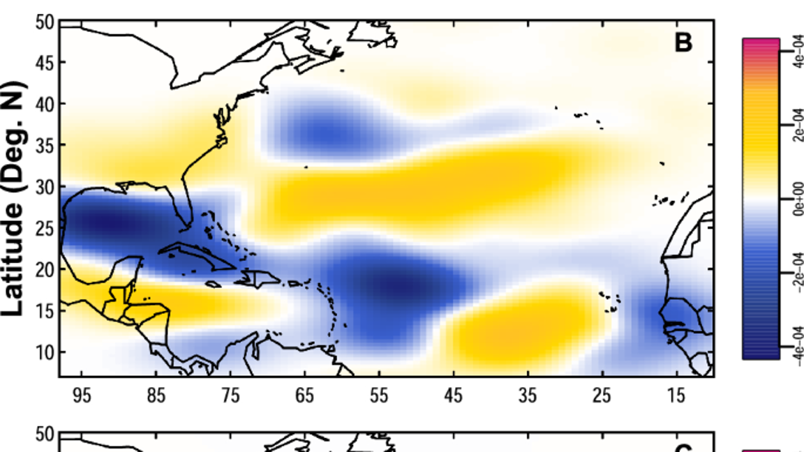 $!Mapas de diferencia de densidad de los lugares donde los ciclones tropicales se intensifican más rápidamente.