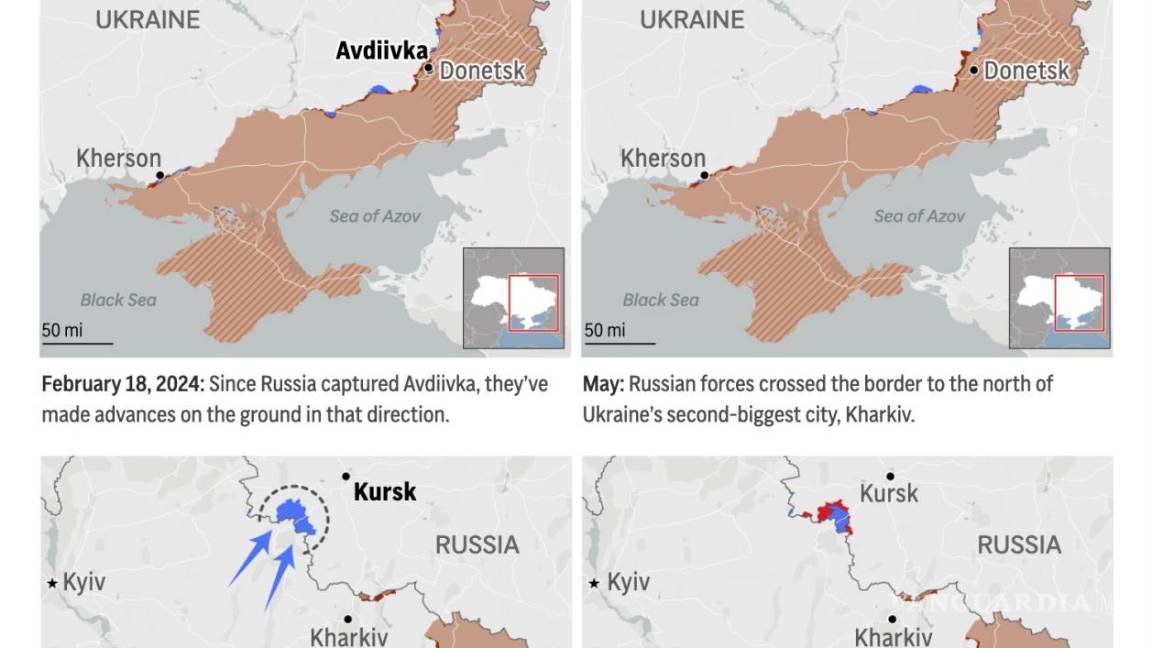 $!El mapa de arriba muestra la progresión en los campos de batalla de Ucrania y Rusia en 2024 mientras la guerra se embarca en su día número 1,000.