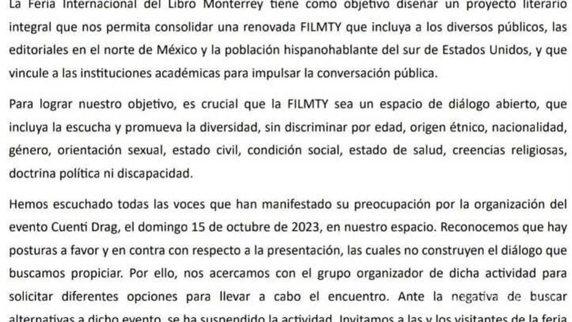 $!Censura la Feria del Libro de Monterrey la lectura ‘Cuenti Drag’: Cancelan el evento