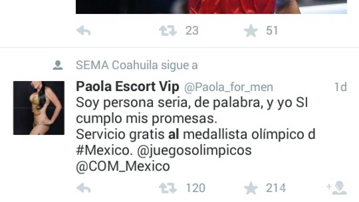 Sigue en Twitter a escort ‘olímpica’ la Secretaría del Medio Ambiente de Coahuila