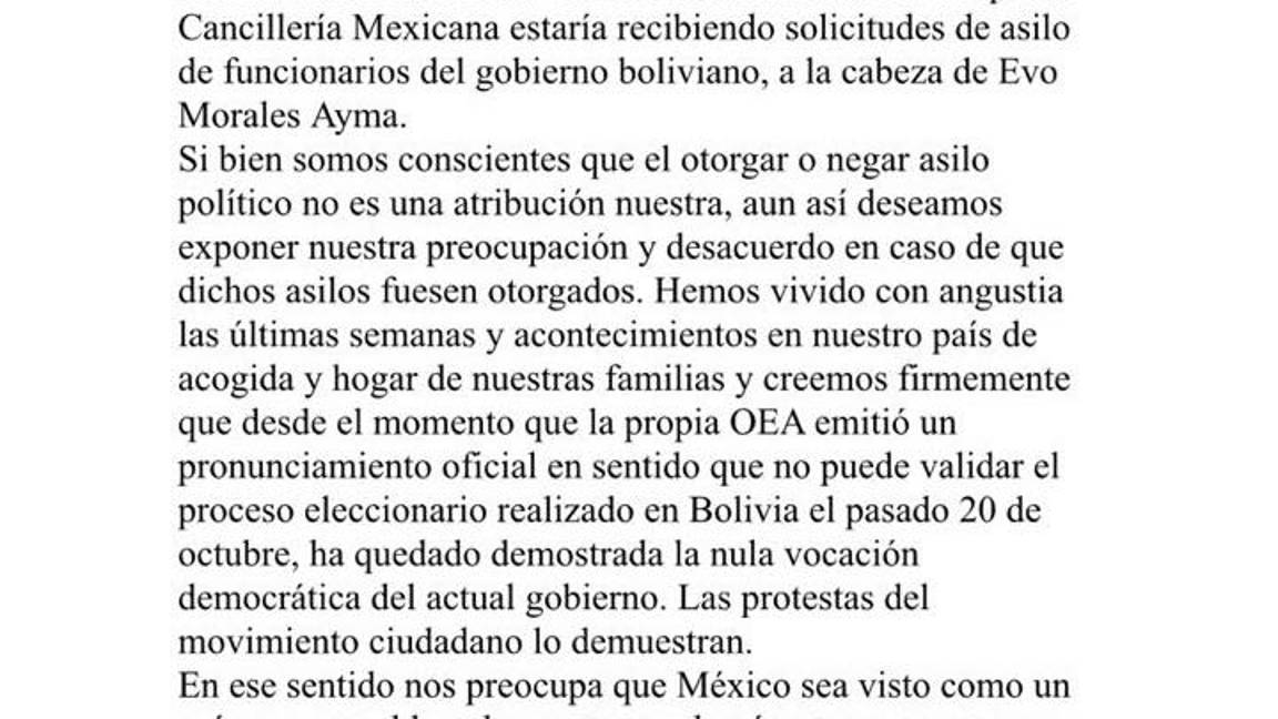 $!Repudian mexicanos radicados en Bolivia asilo para Evo Morales