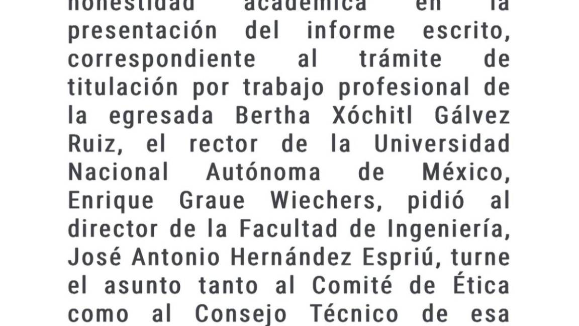$!Graue pide a Facultad de Ingeniería analizar supuesto plagio en informe para titulación de Xóchitl Gálvez