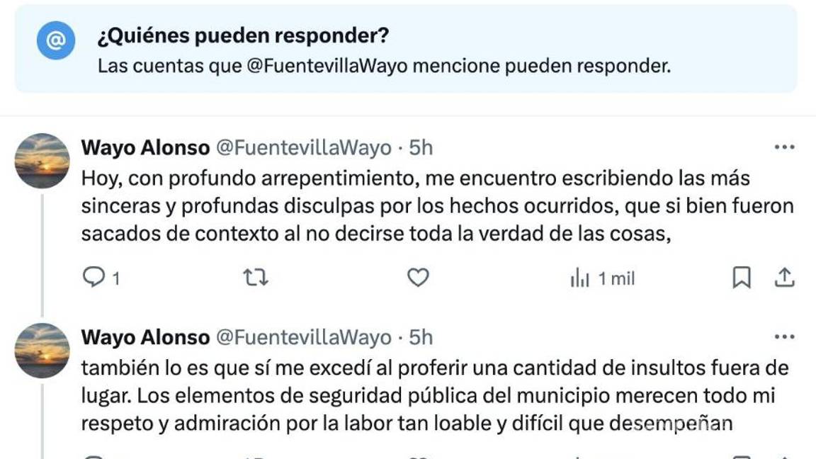 $!Fuentevilla ofreció una disculpa pública en redes sociales, aunque más tarde eliminó su cuenta tras el escándalo.