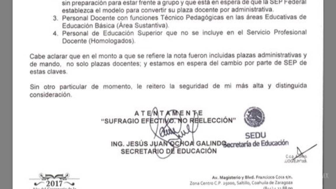 $!Aclara SEDU que mil 500 plazas no son docentes sino administrativas