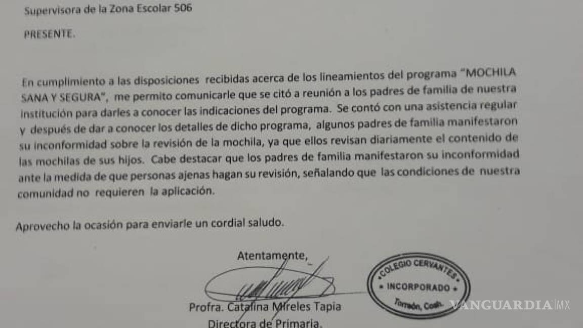 Nosotros revisamos a diario sus mochilas: Padres se habrían opuesto a operativo de Colegio Cervantes en Torrerón