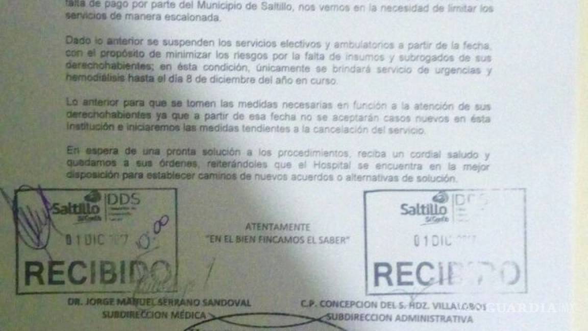 Suspende Hospital Universitario servicio a burócratas del Municipio de Saltillo; deben 22 millones de pesos