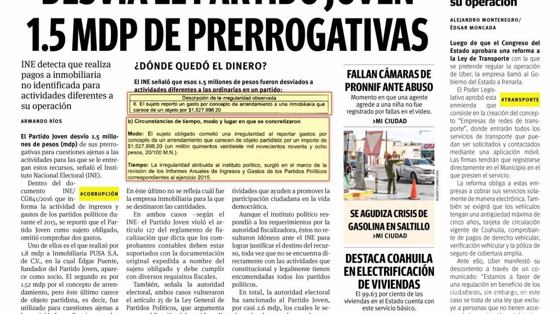 $!Líder del Partido Joven de Coahuila desvió recursos de su empresa