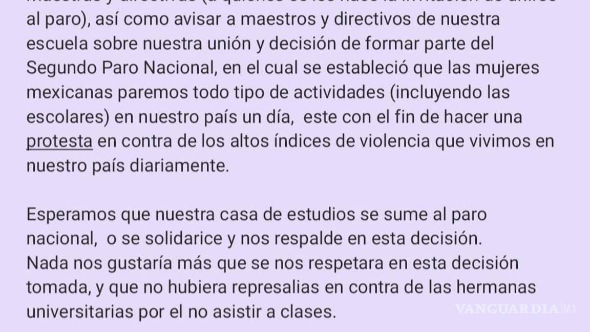 $!Alumnas de UAdeC e Instituto Cumbres hacen paro; acusan que maestros del colegio les ponen falta