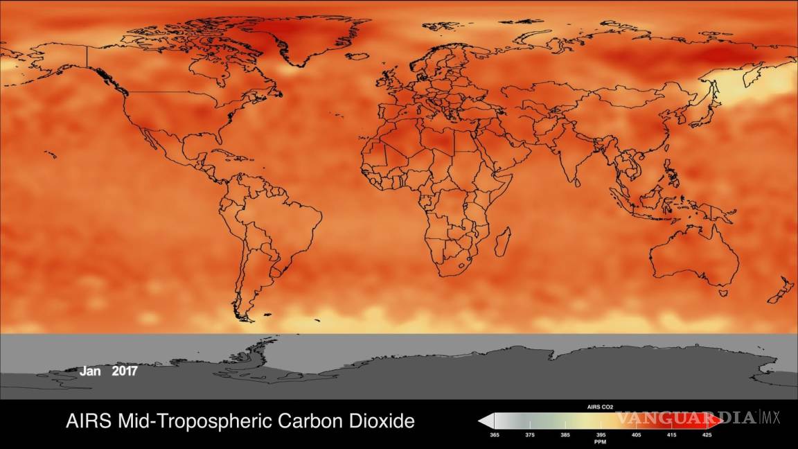 $!Distribución global y variación de la concentración de dióxido de carbono de la troposfera media observada por la sonda infrarroja atmosférica AIRS en enero de 2017. EFE/NASA