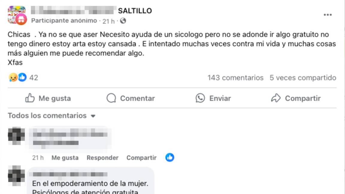 En el marco del Día Mundial para la Prevención del Suicidio, saltillense pide ayuda psicológica en Facebook