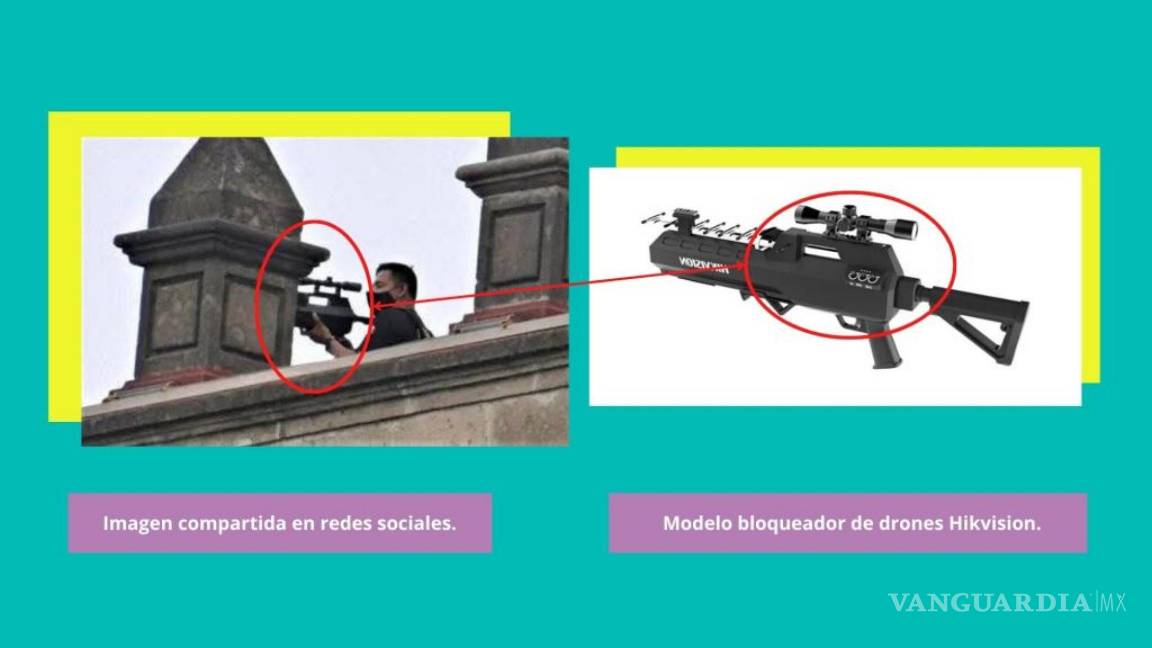 $!Izquierda, una persona en la azotea de Palacio Nacional con un dispositivo anti drones Hikvision. Derecha el modelo que sostiene el individuo.
