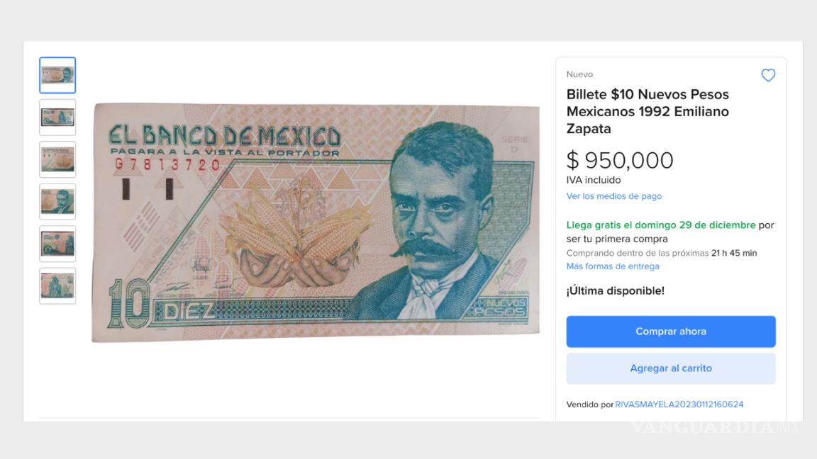 $!El billete de 10 pesos mexicanos emitido en 1992, que presenta la efigie de Emiliano Zapata, se ha convertido en una pieza codiciada por los coleccionistas.