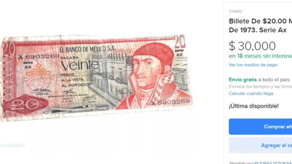 $!El billete de 20 pesos de la serie AX de 1973, que tiene a José María Morelos y Pavón como figura principal, es uno de los más buscados por los coleccionistas.