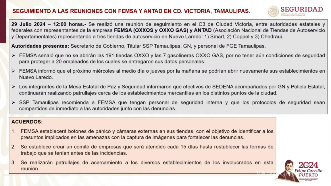 $!AMLO presenta acuerdos con FEMSA tras cierre de establecimientos OXXO en Nuevo Laredo