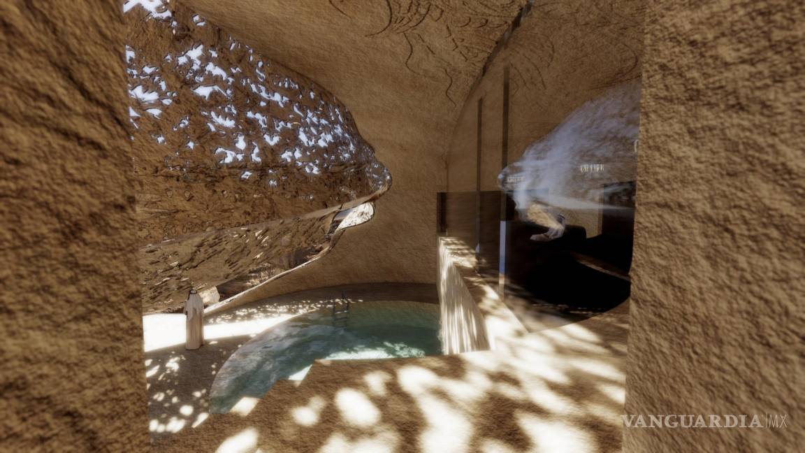 $!Representación conceptual de un área de piscina que muestra la interacción de los diseños modernos mezclados con la forma nabatea de usar la luz, la sombra y las rocas. EFE/Omar Goncebat/Ateliers Jean Nouvel (AJN)