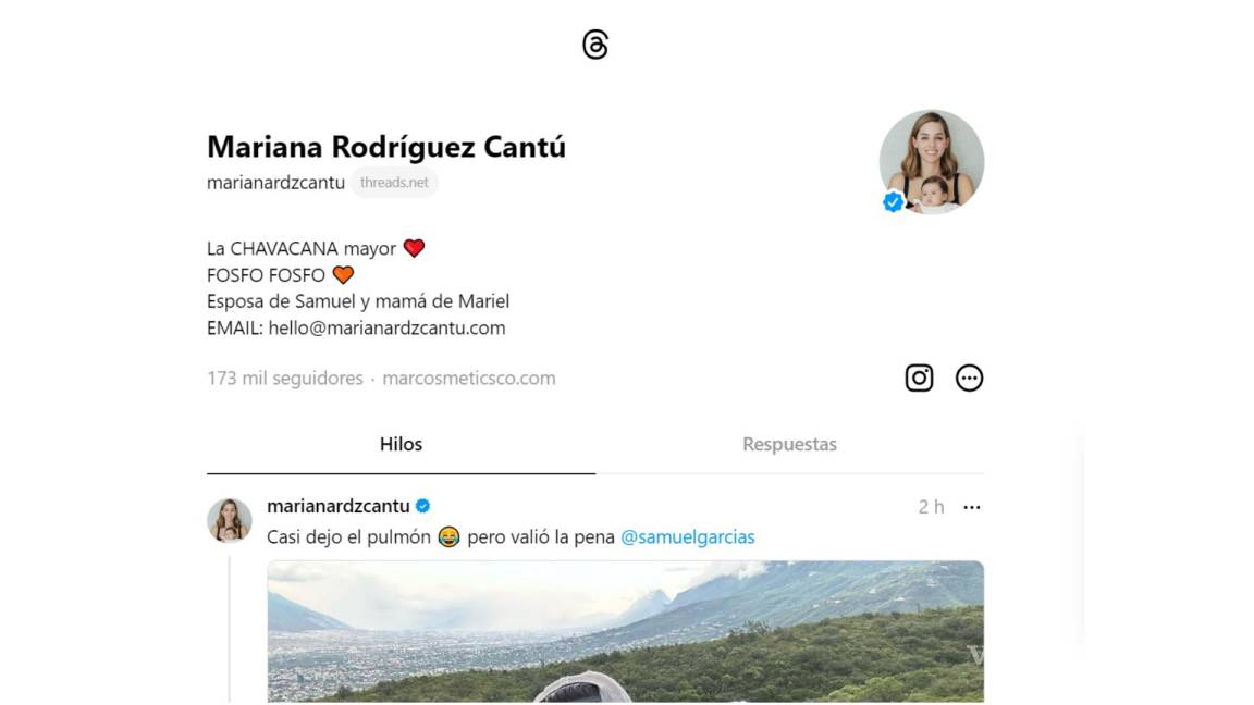 $!Aspectos del perfil de Mariana Rodríguez en Threads.