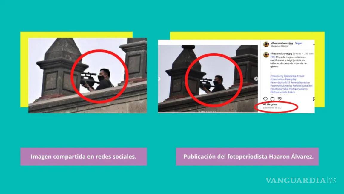 $!En la imagen de la izquierda es la que divulgaron varias redes sociales en la que aseguraban era un francotirador, la de la derecha es la fotografía tomada e 2021.