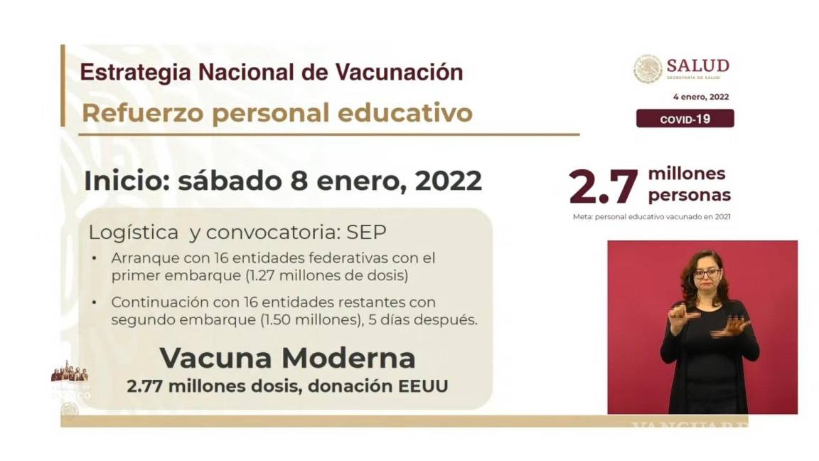 Vacunación de refuerzo para personal educativo inicia el sábado; 2.7 millones de personas recibirán inmunización