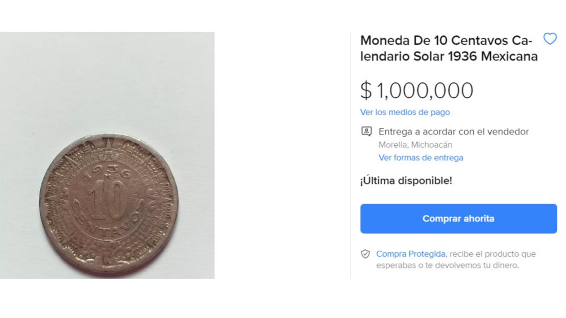 $!Moneda de 10 centavos acuñada en 1942, que ha generado revuelo al ser ofrecida en una plataforma de compra y venta por un millón de pesos.