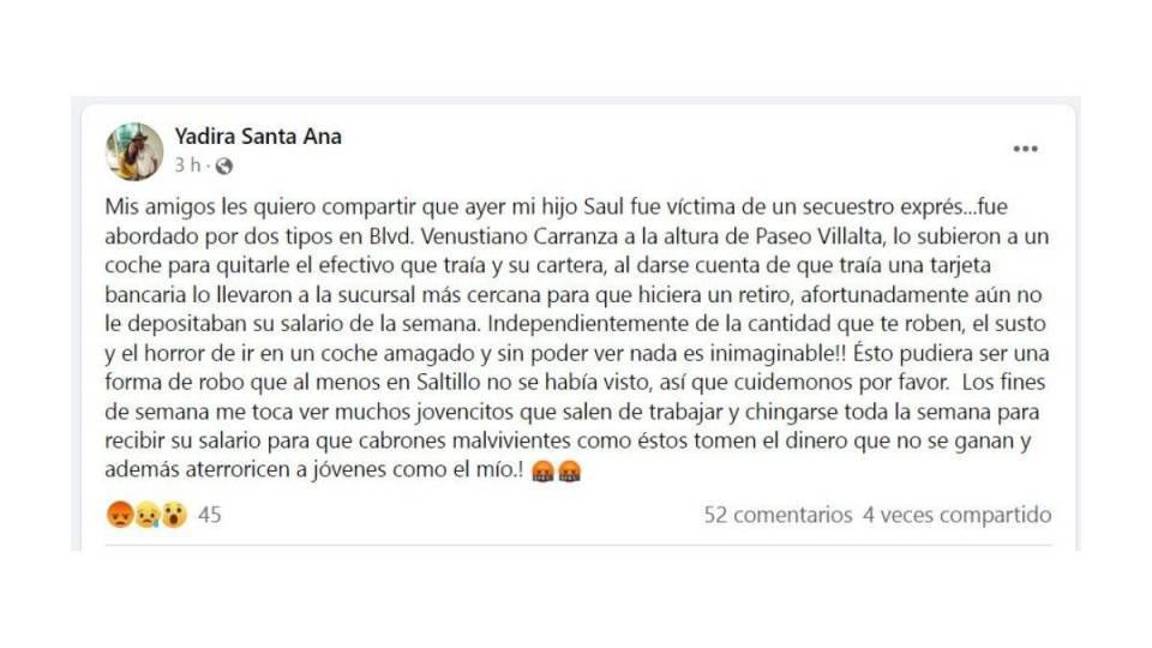 $!Saltillo: secuestro exprés en V. Carranza fue por $1500 pesos, señalan afectados