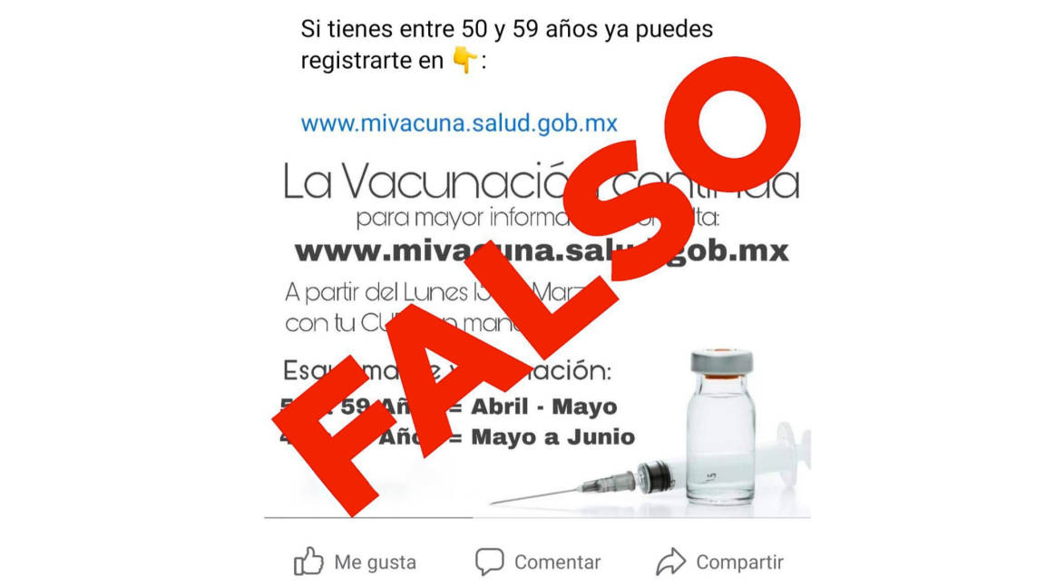 Falso: no ha iniciado el registro para vacuna antiCOVID a los de 50-59 años en México