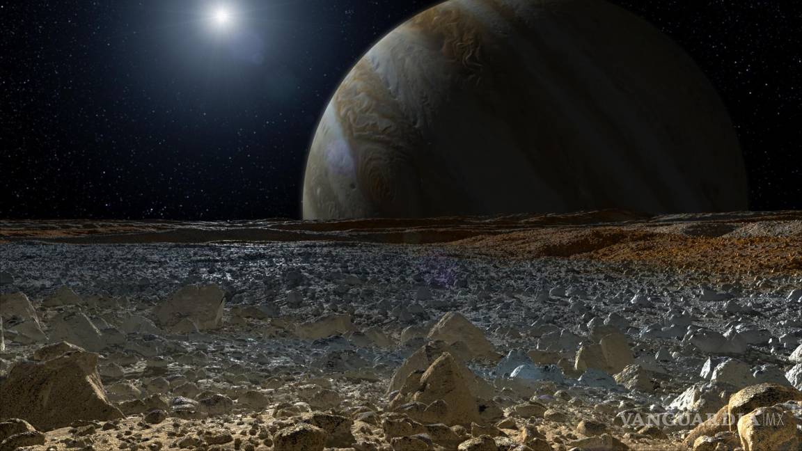 $!Recreación de una vista simulada de Júpiter visto desde la superficie de la luna Europa.