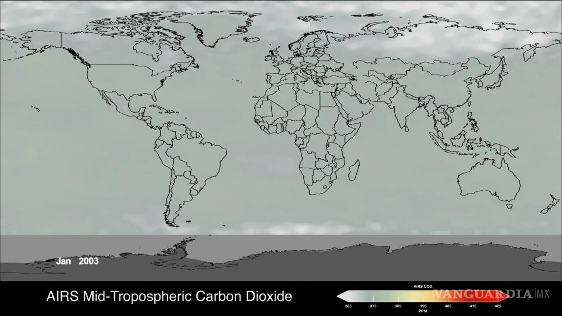 $!Distribución global y variación de la concentración de dióxido de carbono de la troposfera media observada por la sonda infrarroja atmosférica AIRS en enero de 2003. EFE/NASA