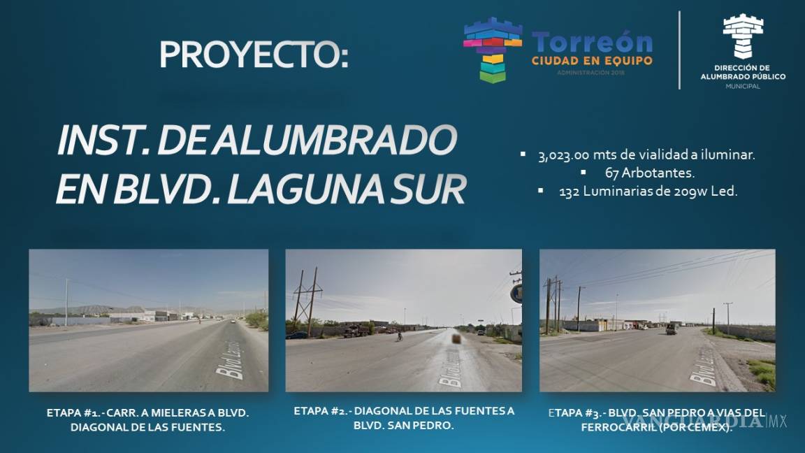 Inician instalación de alumbrado en bulevar Laguna Sur de Torreón
