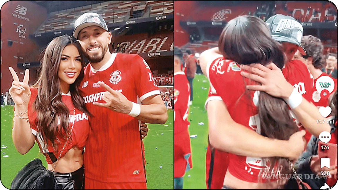 $!Héctor Herrera y Paola Villalobos habrían dejado ver su cercanía en la Final del Toluca en el Clausura 2025, donde la actriz bajó a la cancha para felicitar al mediocampista tras el título.