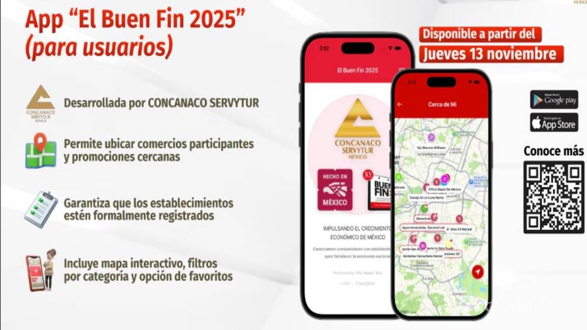 $!La Concanaco Servytur México presentó la aplicación oficial del Buen Fin 2025, una herramienta digital que permitirá a los consumidores consultar ofertas, localizar tiendas participantes y comparar precios de manera segura. El programa busca fortalecer la confianza en el comercio formal y mejorar la experiencia de compra durante la jornada de descuentos más importante del país.