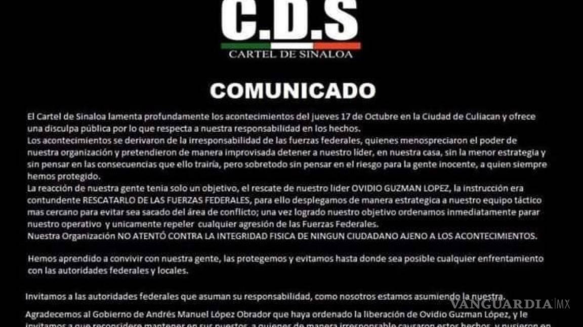 $!'Agradecemos a AMLO por liberación de Ovidio'... Cártel de Sinaloa ofrece disculpas al pueblo de Culiacán por balaceras