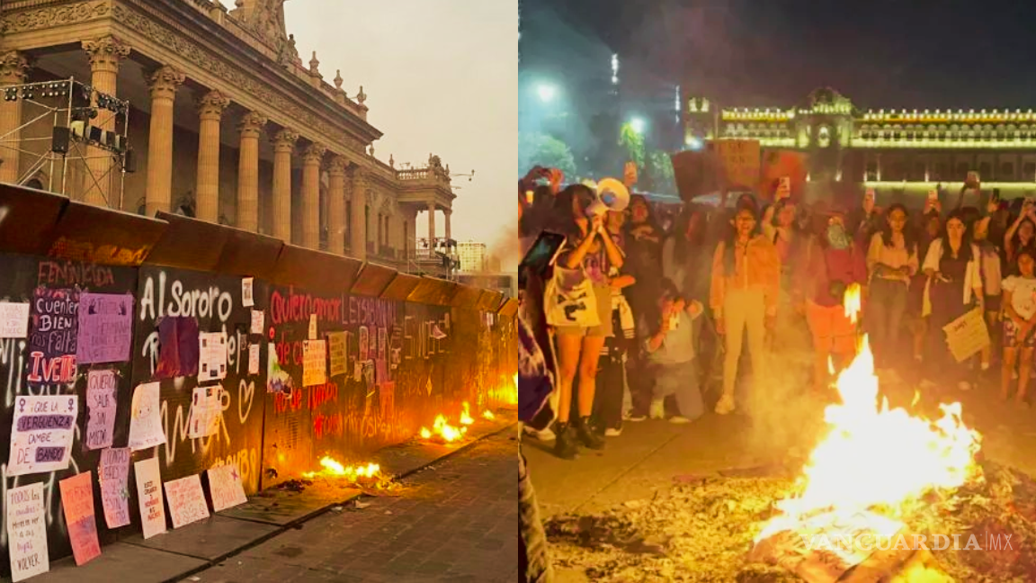 Llamaradas frente a la Catedral y el Palacio de Gobierno; final de 8M, en Monterrey, Nuevo León