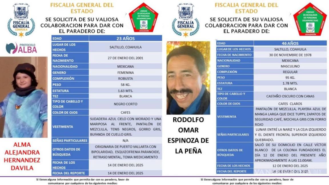 Piden ayuda para localizar a dos desaparecidos en Saltillo