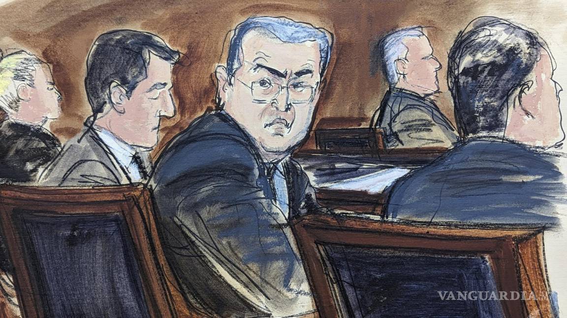 $!Recreación de la audiencia de este miércoles en la Corte Federal de Nueva York, donde Juan Orlando Hernández escuchó las acusaciones en su contra.