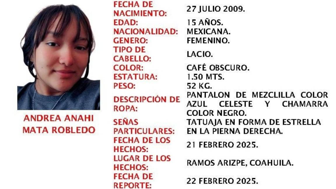 Adolescente desaparece en Ramos Arizpe; Fiscalía solicita ayuda para localizarla